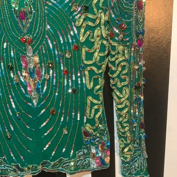 1980s Vintage Fully Embellished Sequin/Silk Emerald Green Long Sleeve Top Small - Picture 13 of 17